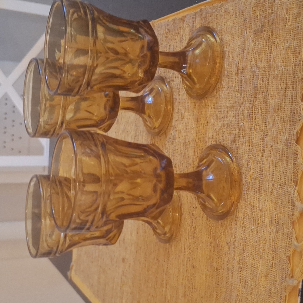 RARE 4 HAND CUT TO CLEAR THICK STEM CRYSTAL ORANGE GLASS WINE GOBLET GLASSES